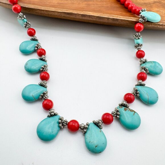 Turquoise & Red Coral Beaded Necklace Set Teardrop Toggle Earrings Southwestern - Picture 4 of 16